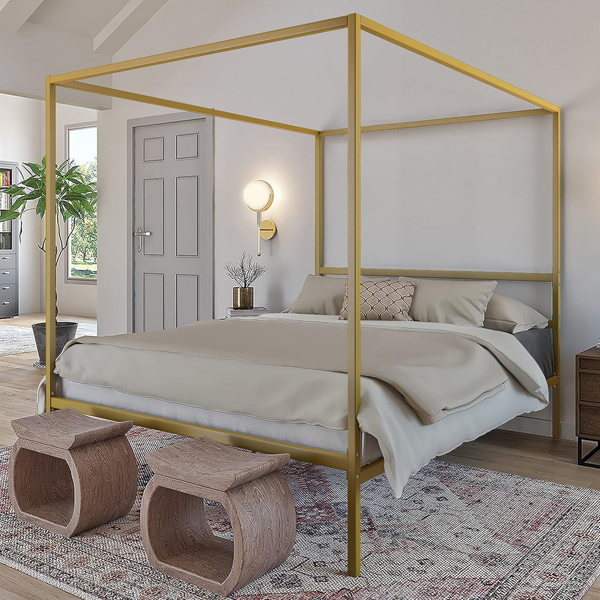 Queen Size Gold Metal Canopy Platform Bed Frame with Wooden Slats V46797
