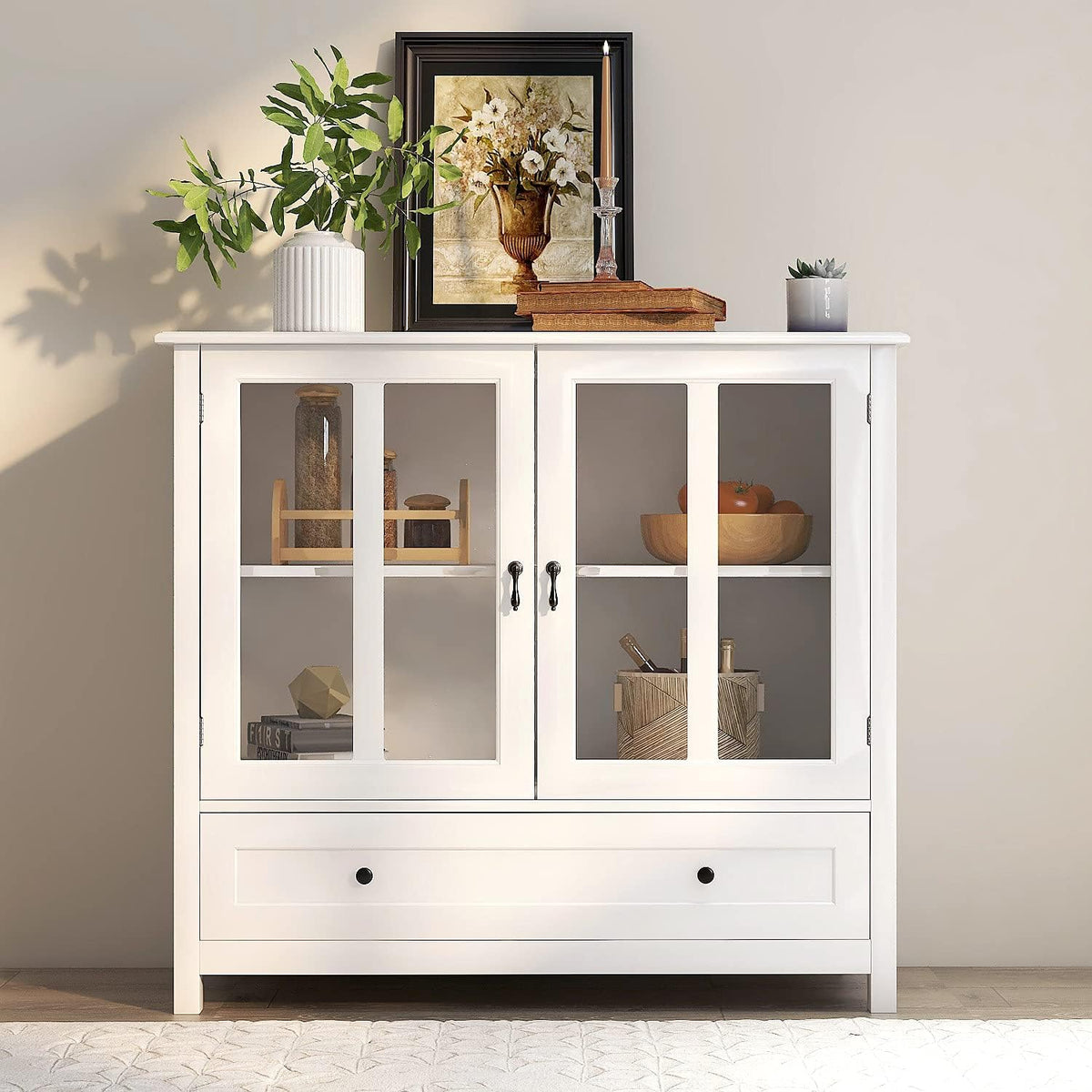 White Storage Cabinet with Glass Doors and Drawer V3207