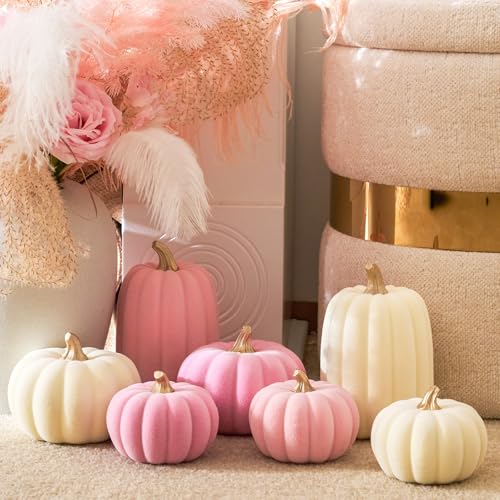 Pink and Beige Flocked Artificial Pumpkins Set 7 PCS S647775