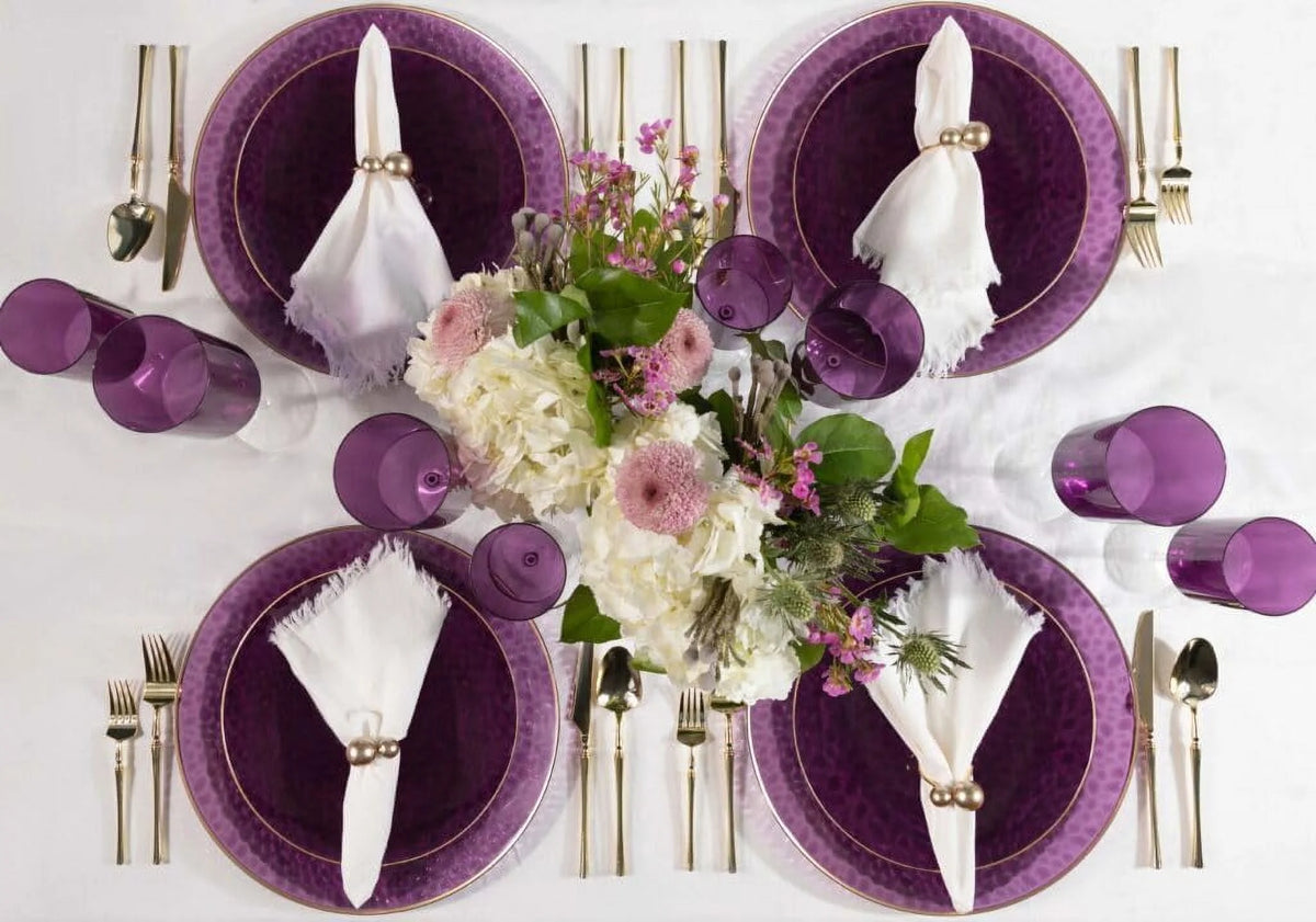 9" Round Purple Plastic Plates with Gold Rim 110 Pack V467