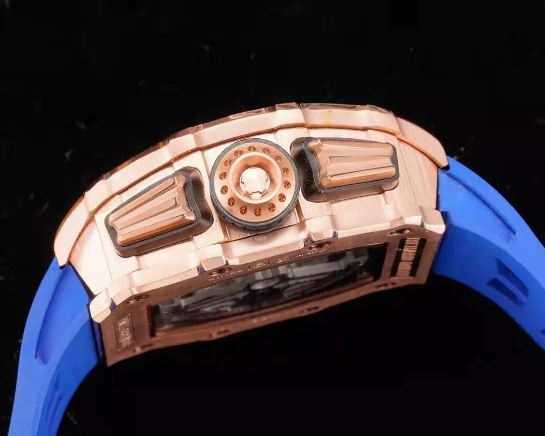 Blue Dial Rose Gold Bezel Rubber Strap Skeleton Watch D35285