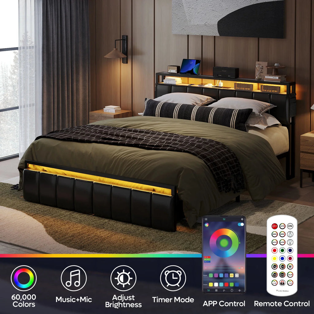 Queen Size Platform Bed Frame with Storage Headboard and 2 Drawers I91767