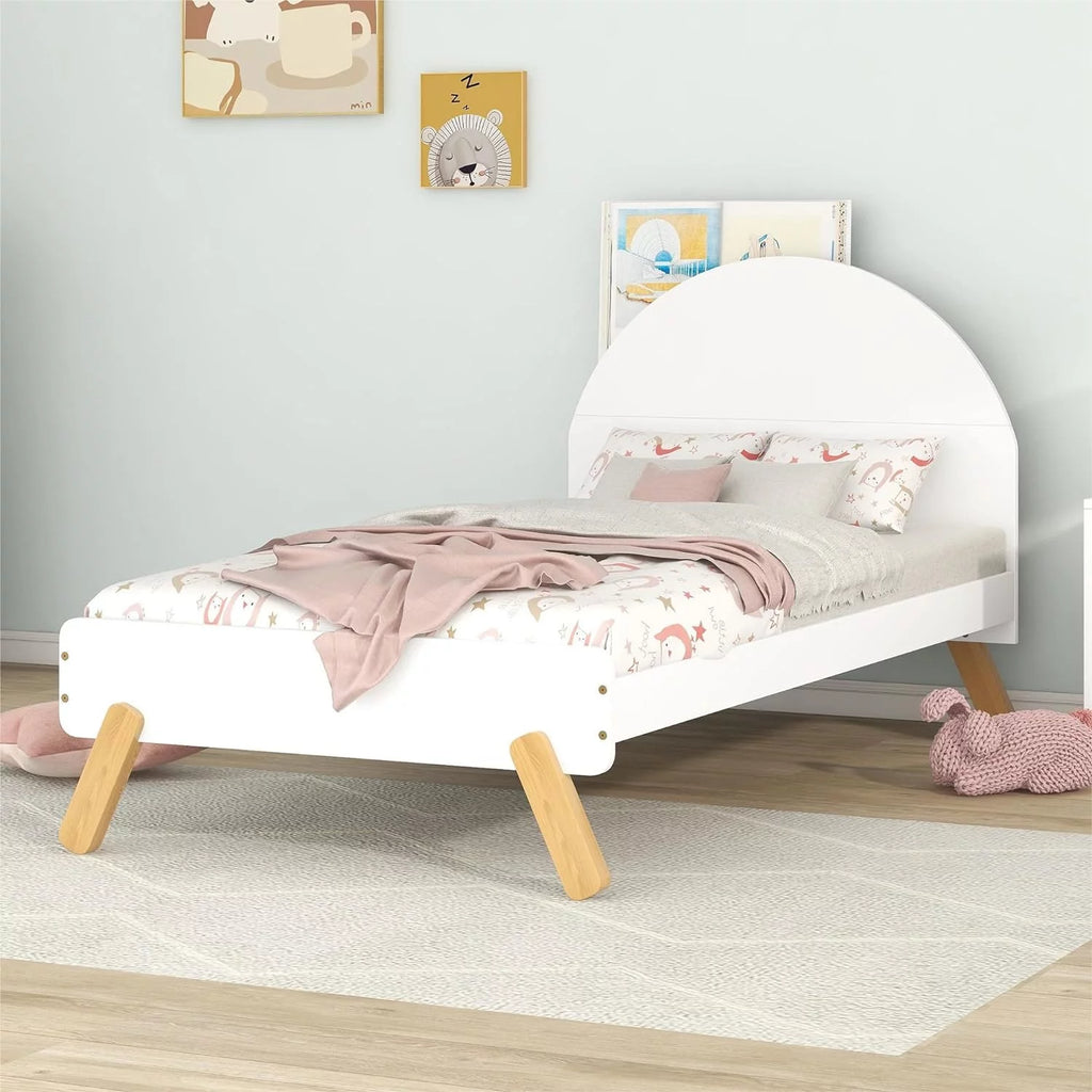 White Solid Wood Platform Bed with Curved Headboard and Shelf R680270