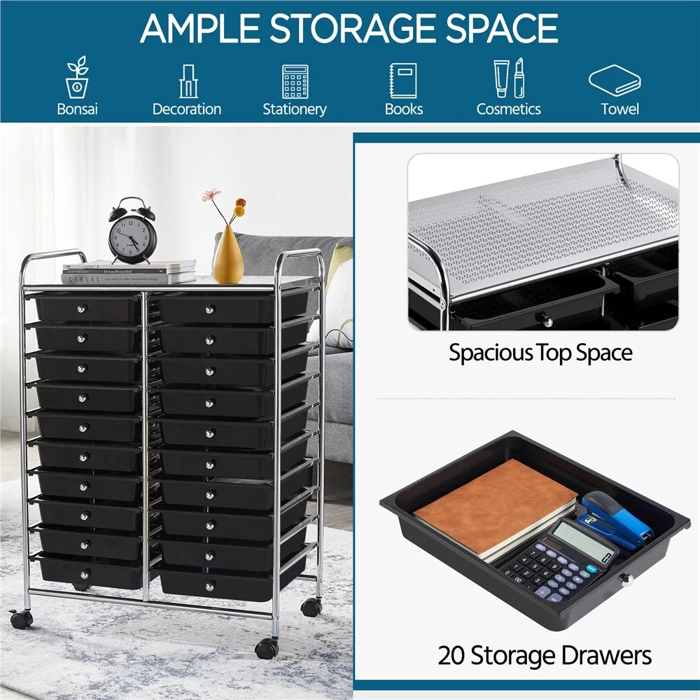 20 Drawers Metal Frame Storage Cart with Lockable Wheels, Black F252