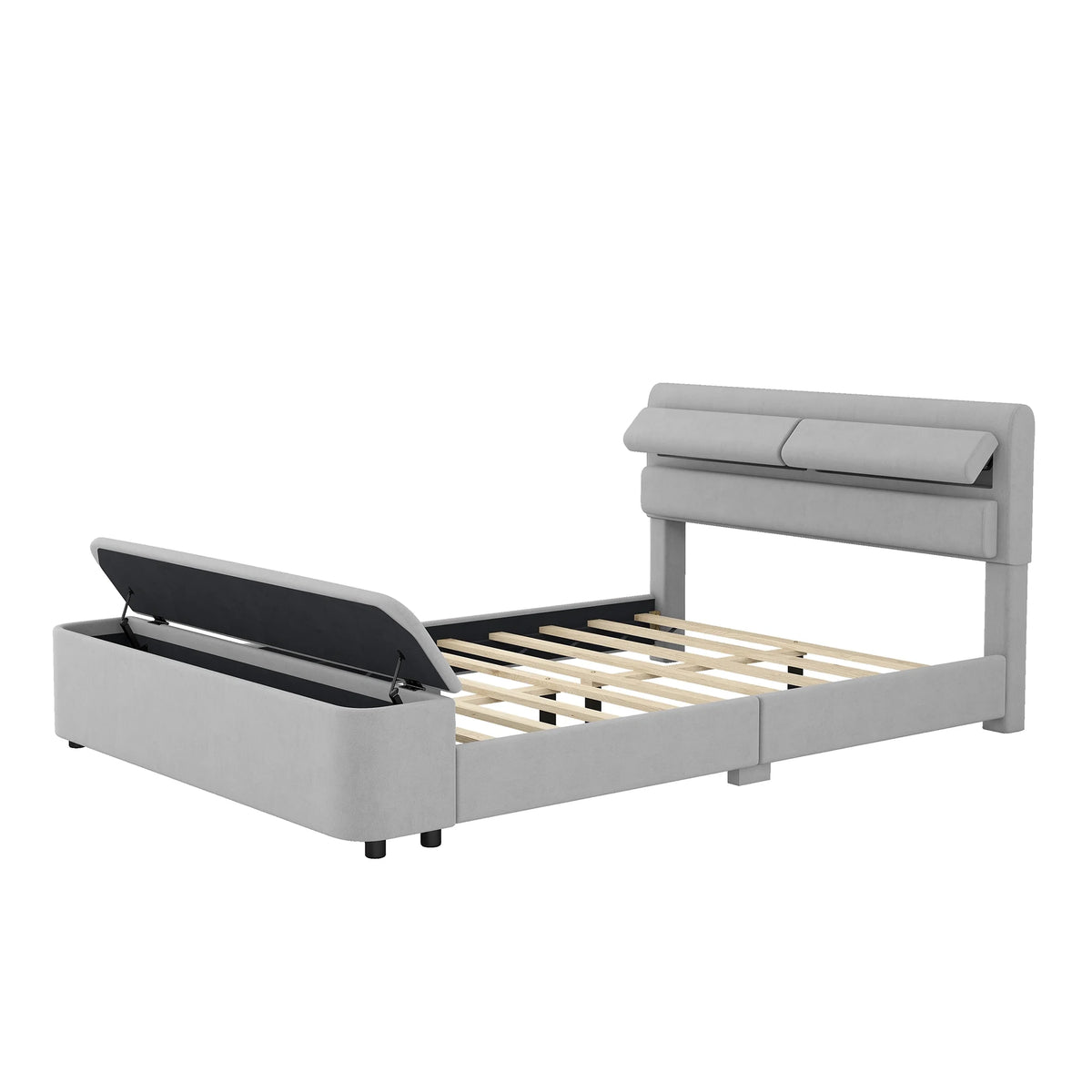 Queen Size Upholstery Platform Bed with Storage Headboard and Footboard Grey V212