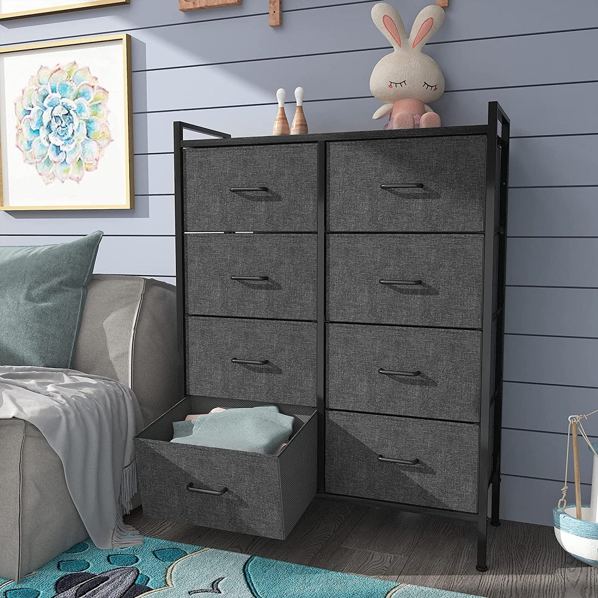 Black Gray 8 Drawer Fabric Dresser T1688