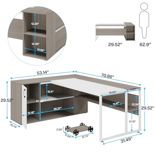 71 inch L Shaped Desk with Cabinet Storage and Shelves N19998