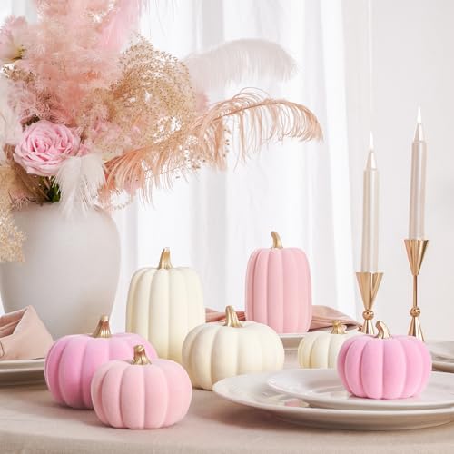 Pink and Beige Flocked Artificial Pumpkins Set 7 PCS S647775