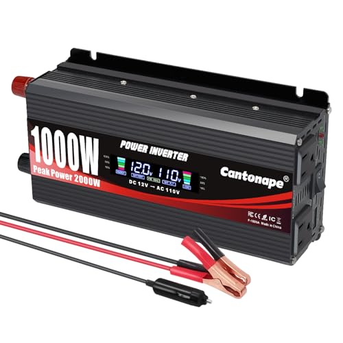 1000 Watt Car Power Inverter 12V to 110V/120V AC with LCD Display Dual AC Outlets Dual USB Black B8475