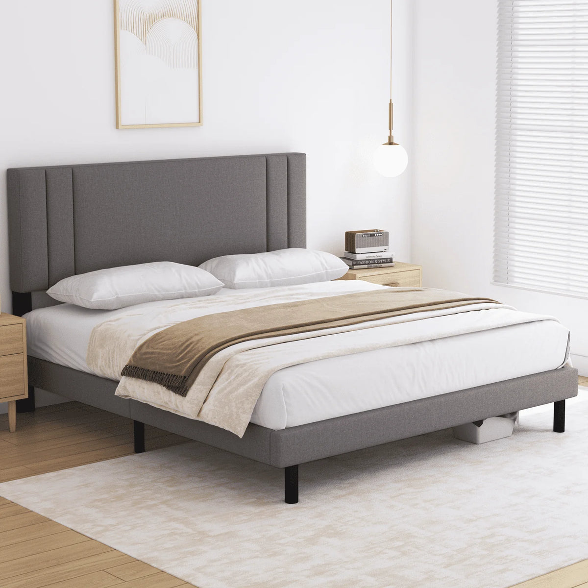 Queen Size Fabric Upholstered Platform Bed Frame A5766