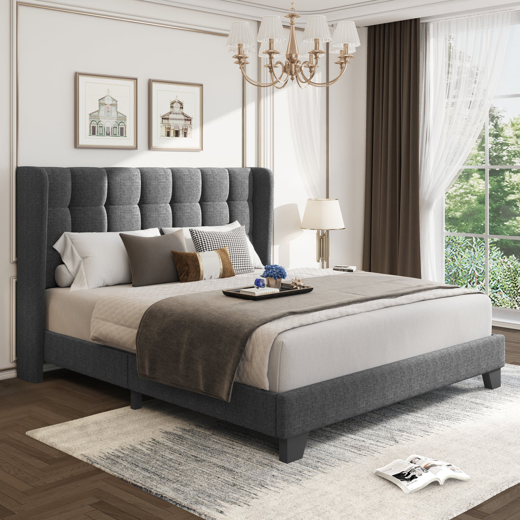 Grey Queen Size Platform Bed Frame with Tufted Headboard Y81585