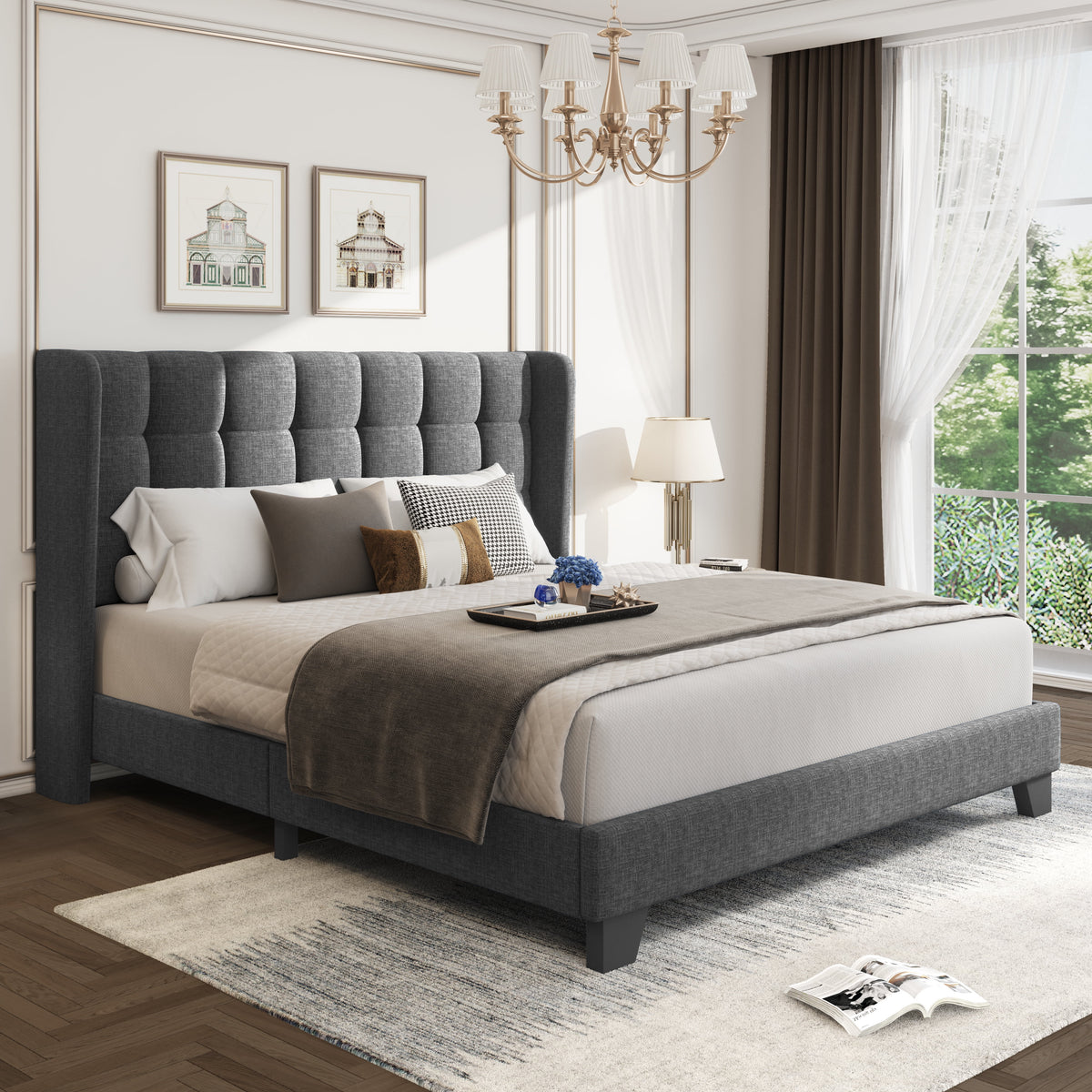 Grey Queen Size Platform Bed Frame with Tufted Headboard Y81585