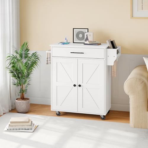 Kitchen Island with Power Outlet, Spice Rack and Drawer, Rolling on Wheels, Rustic Brown and Black X53869