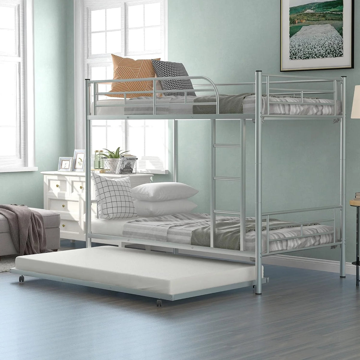 Metal Bunk Bed with Trundle and Safety Guard Rails C721