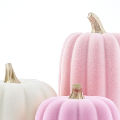 Pink and Beige Flocked Artificial Pumpkins Set 7 PCS S647775
