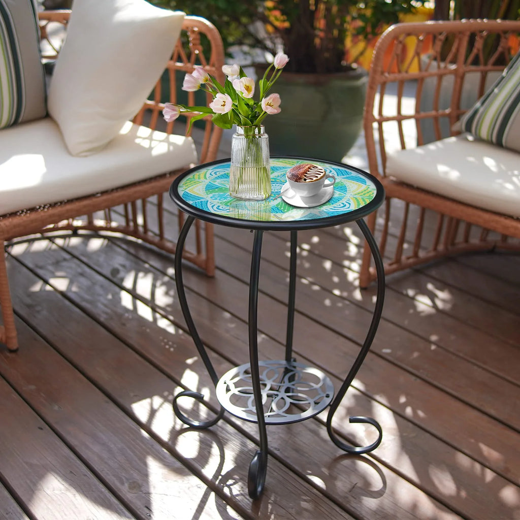 Two Tier Green Mosaic Outdoor Side Table D60811