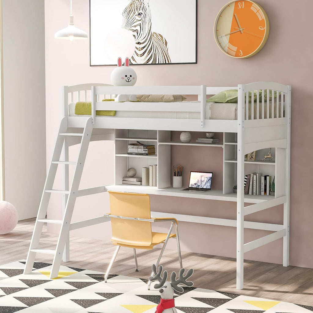 Twin Size Solid Wood Loft Bed with Desk and Storage Shelves E369