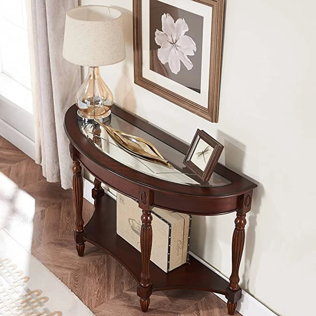 Dark Brown Oak Wood Console Table with Storage Shelf V318