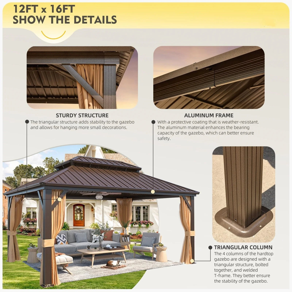 Outdoor Hardtop Gazebo with Galvanized Steel Double Roof & Aluminum Frame 12'x16' Y84646