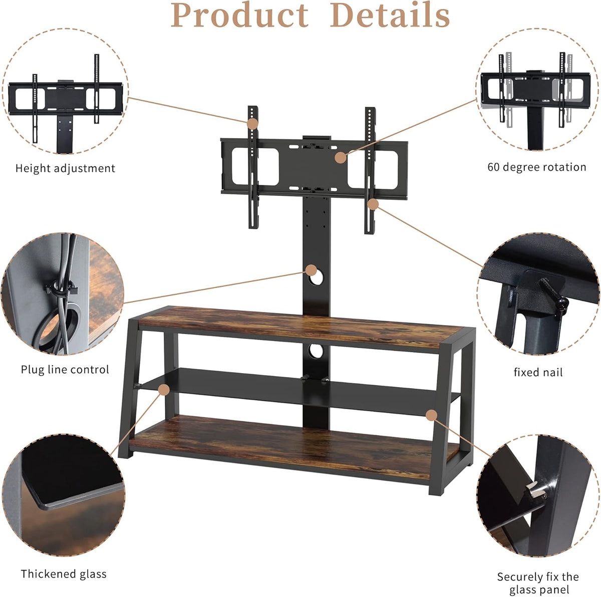 Angle and Height Adjustable Tempered Glass TV Stand, Black T6051