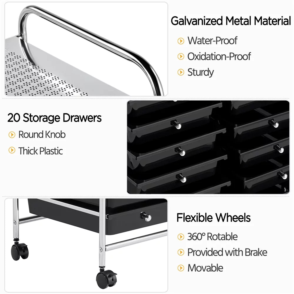 20 Drawers Metal Frame Storage Cart with Lockable Wheels, Black F252
