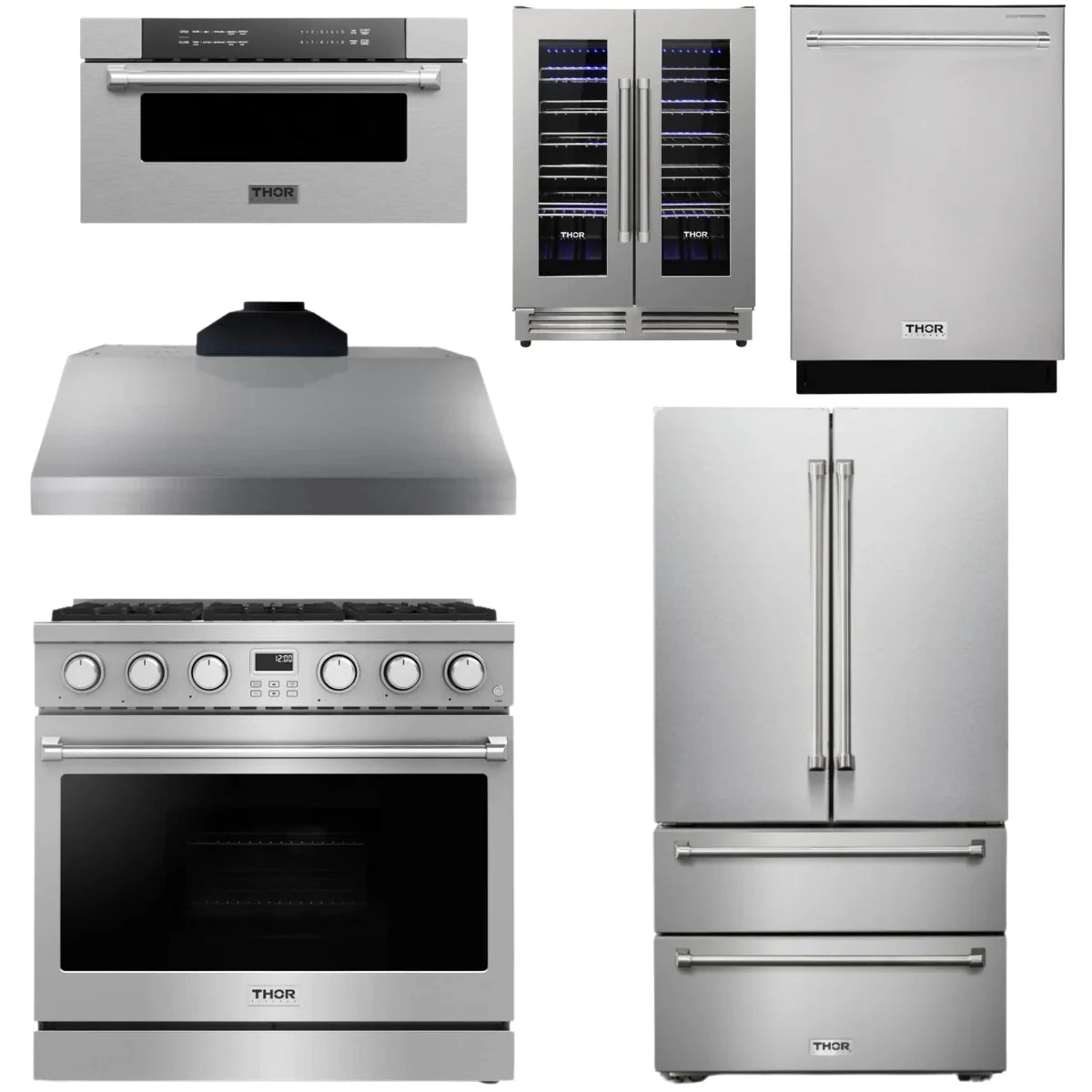 36 Gas Range, Range Hood, Refrigerator, Dishwasher, Microwave and Wine Cooler T999956