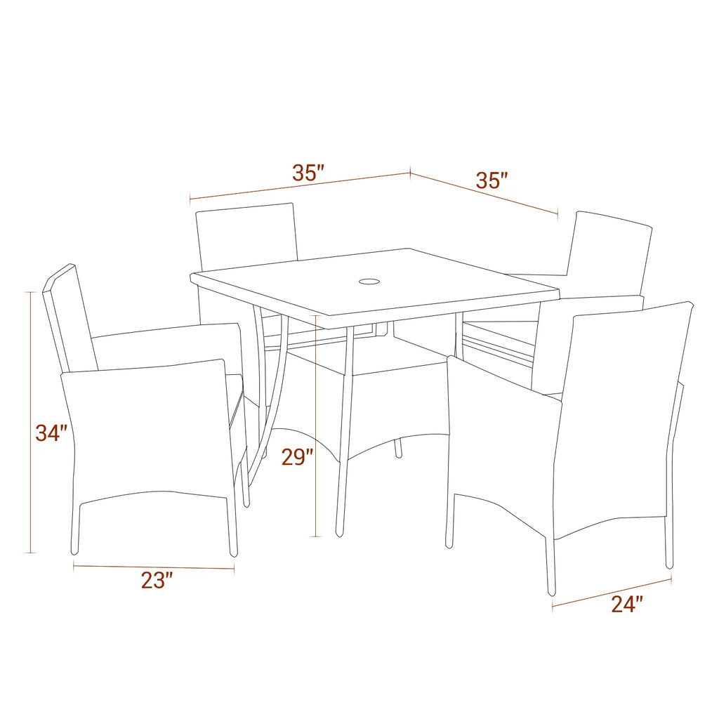 5 Pcs Grey Wicker Patio Dining Set with Umbrella Hole D609