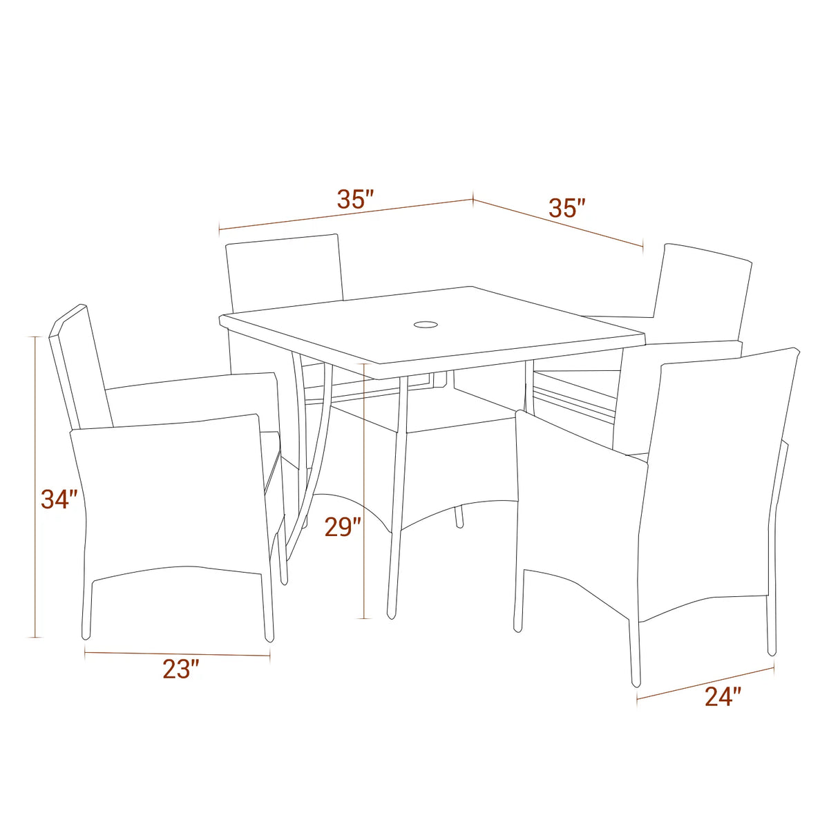 5 Pcs Grey Wicker Patio Dining Set with Umbrella Hole D609