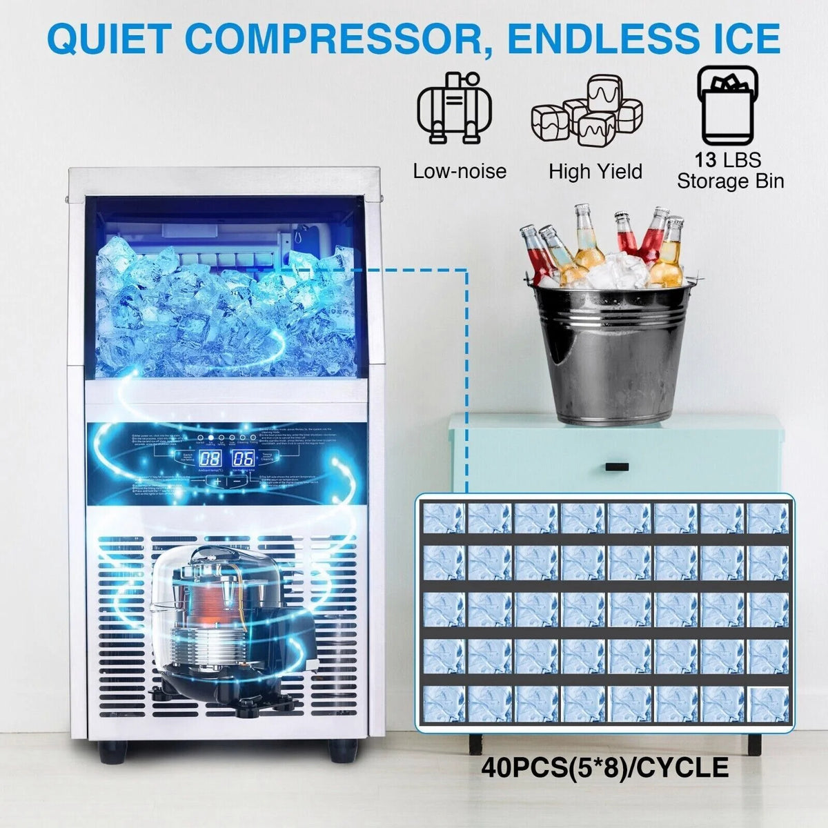 Commercial Ice Maker 90lb Stainless Steel Built-in Cube Machine Q333