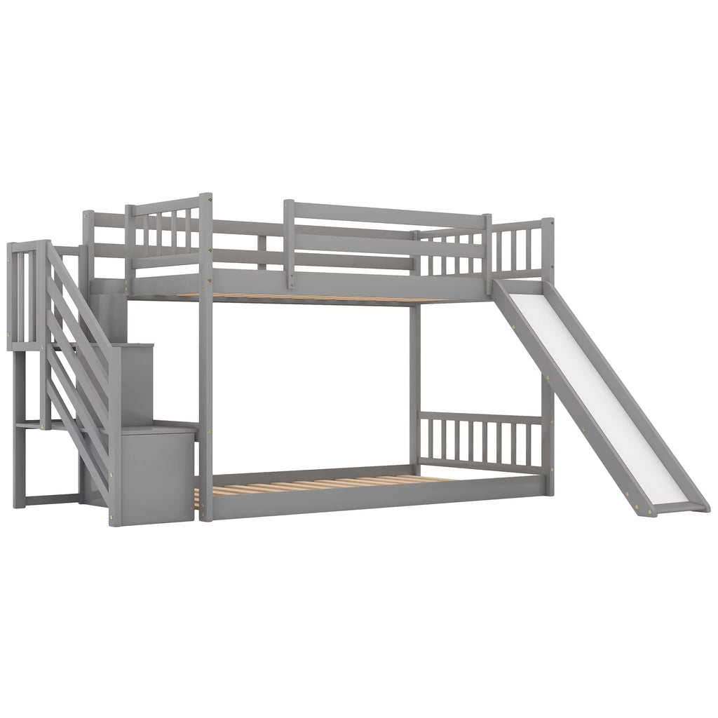 Solid Wood Twin Over Twin Bunk Bed with Slide and Stairway E8411