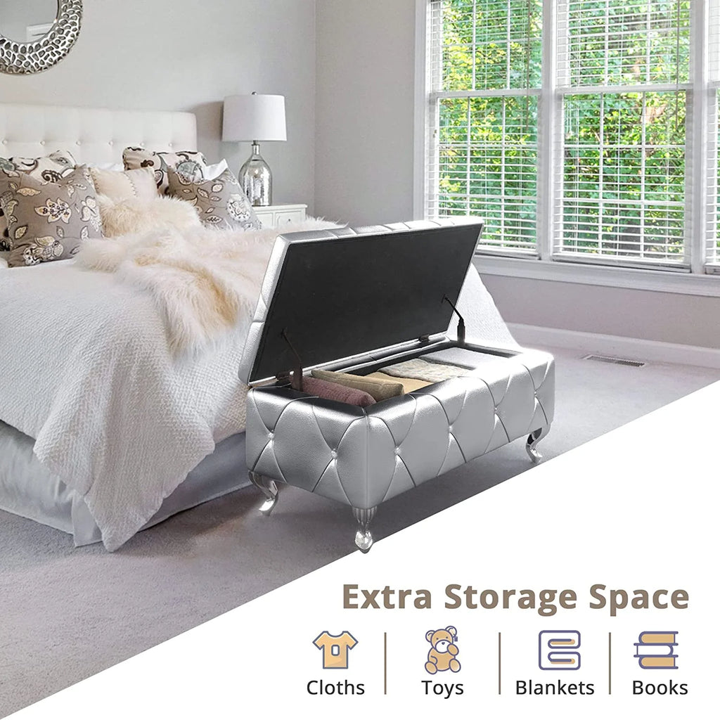 38'' Silver Faux Leather Storage Ottoman Bench H21374