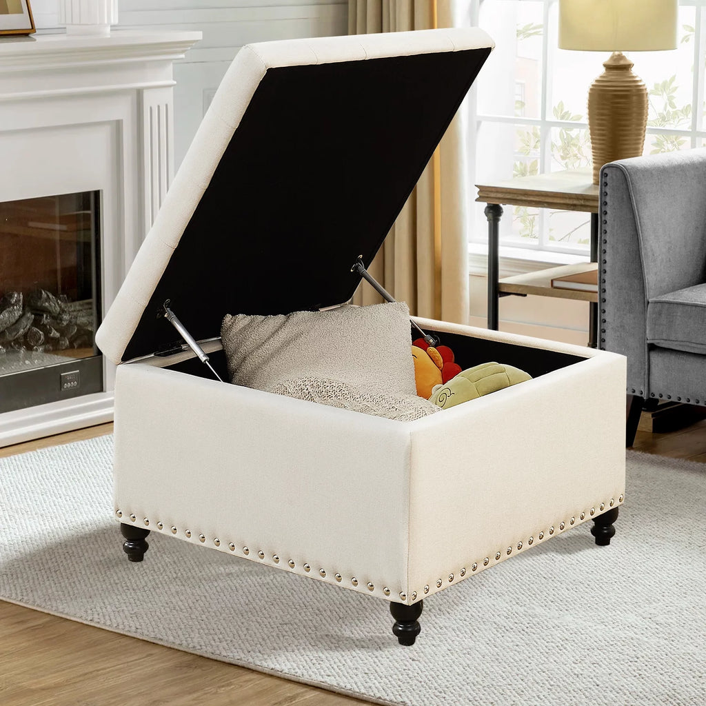 Beige 30-inch Button-Tufted Storage Ottoman Bench H4786
