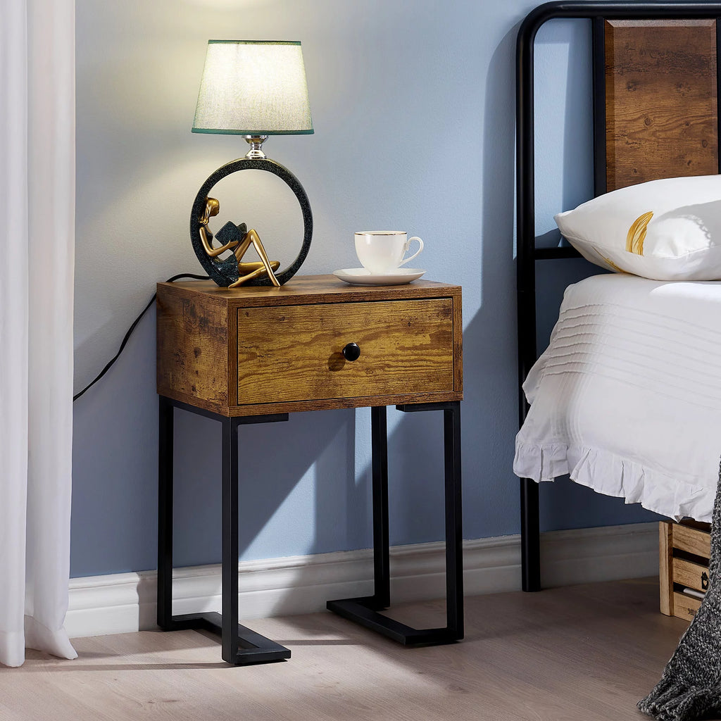 Brown Nightstand with Drawer Metal Frame K7889