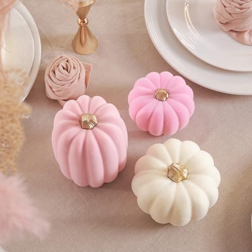 Pink and Beige Flocked Artificial Pumpkins Set 7 PCS S647775