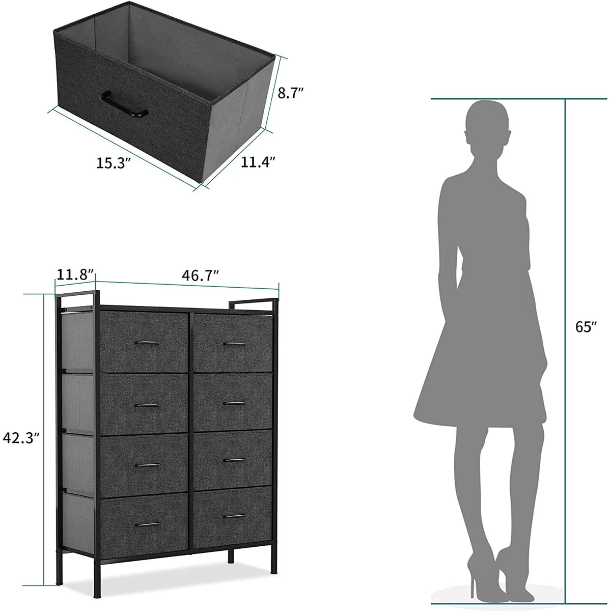 Black Gray 8 Drawer Fabric Dresser T1688