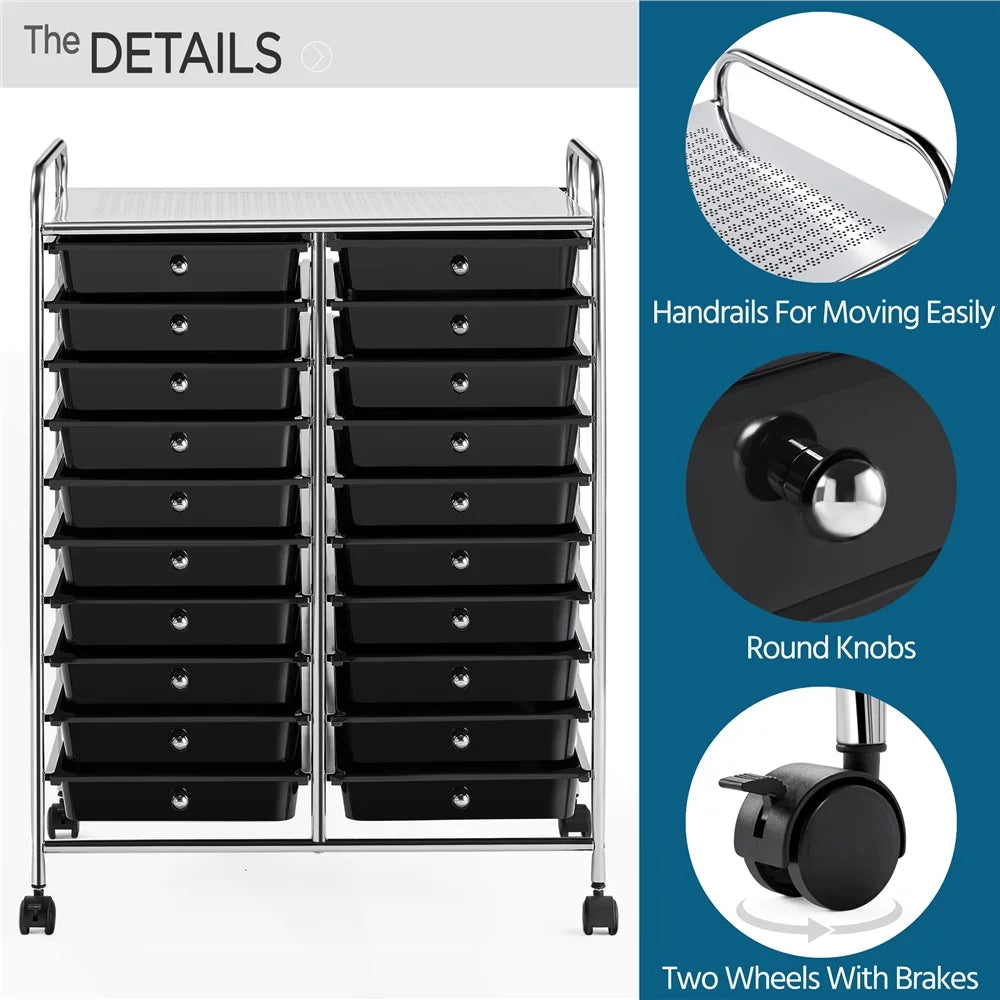 20 Drawers Metal Frame Storage Cart with Lockable Wheels, Black F252