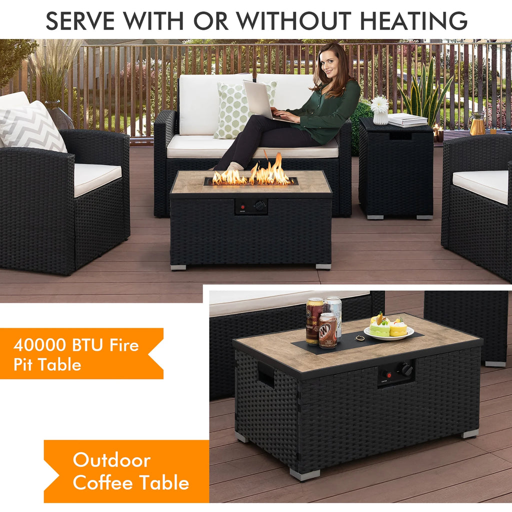 32''x 20'' Propane Rattan Fire Pit Table Set with Side Table and Cover 40,000 BTU M7004