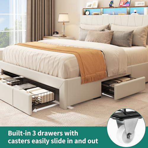 Beige Queen Size Storage Bed Frame with 4 Drawers F37202