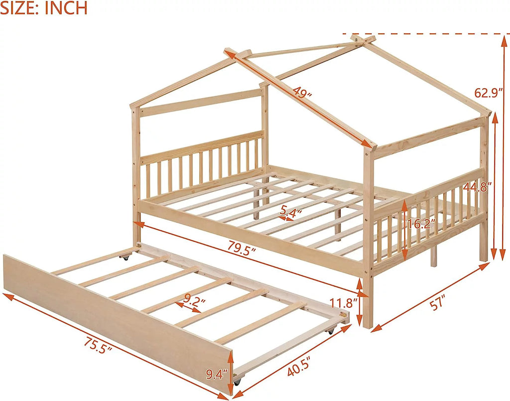 Full Size Wooden House Bed with Headboard and Roof T683264