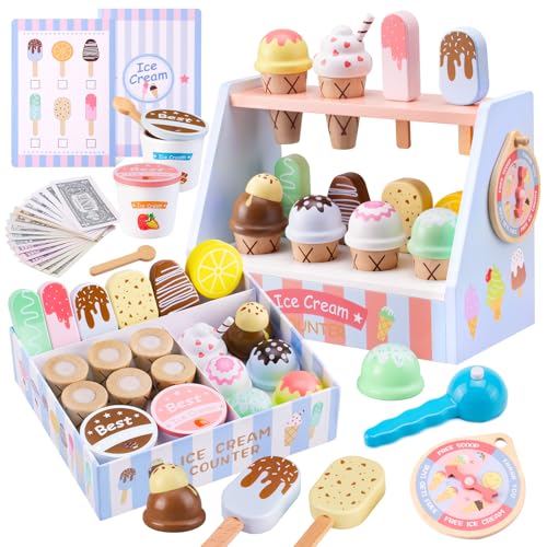 Wooden Ice Cream Toys Set Pretend Play Food Counter with Lucky Wheel, Scoop, Menu, Fake Money B161