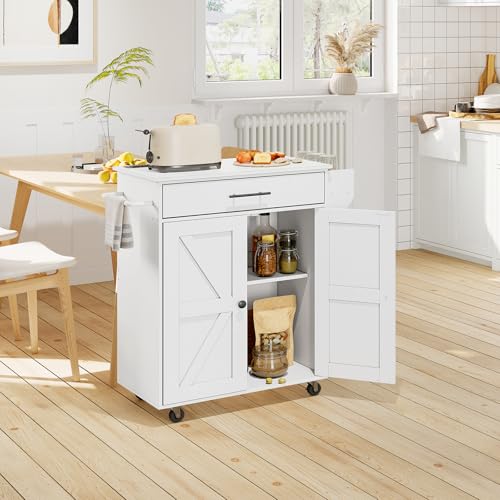 Kitchen Island with Power Outlet, Spice Rack and Drawer, Rolling on Wheels, Rustic Brown and Black X53869