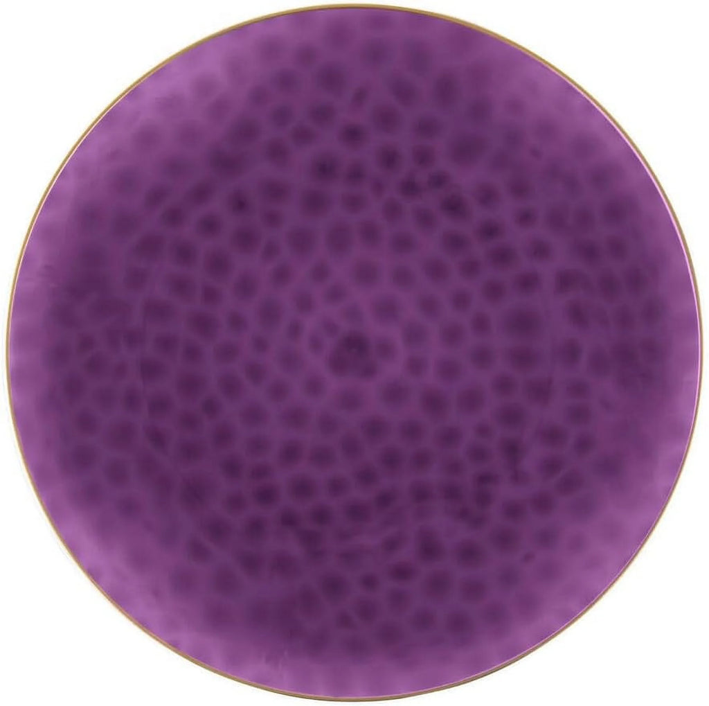 9" Round Purple Plastic Plates with Gold Rim 110 Pack V467