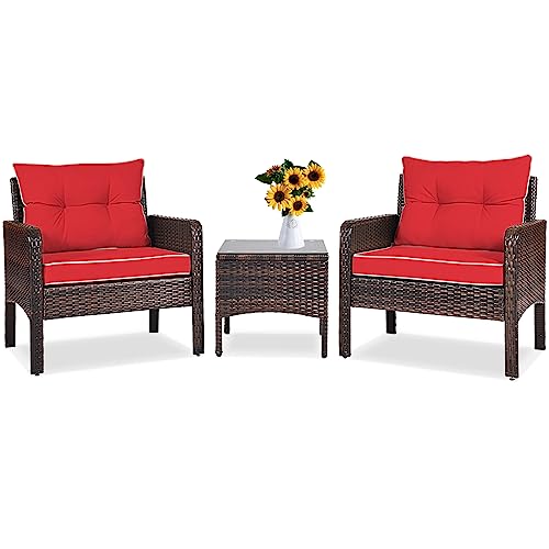 3 Piece Brown Rattan Patio Furniture Set with Cushions Q59228