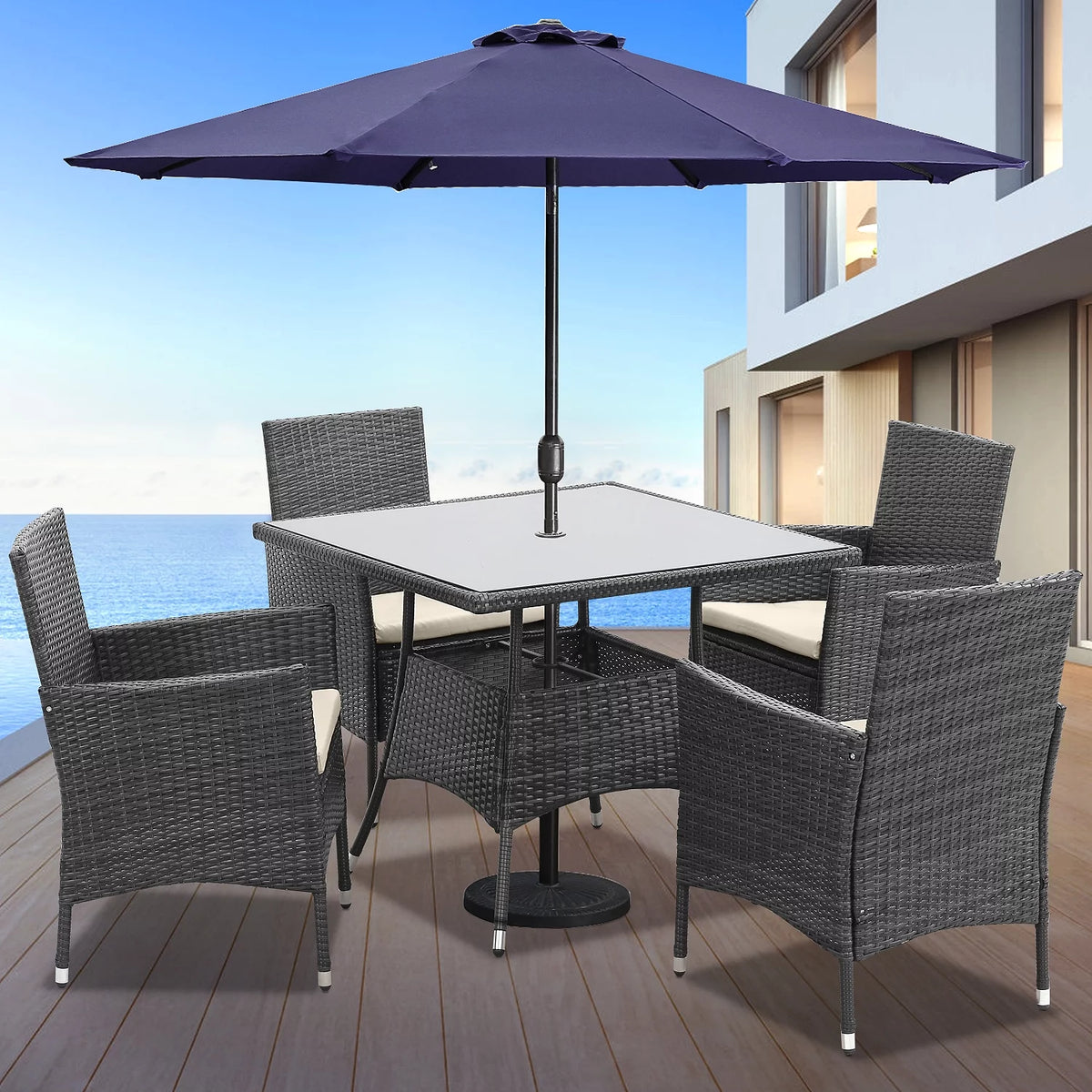 5 Pcs Grey Wicker Patio Dining Set with Umbrella Hole D609