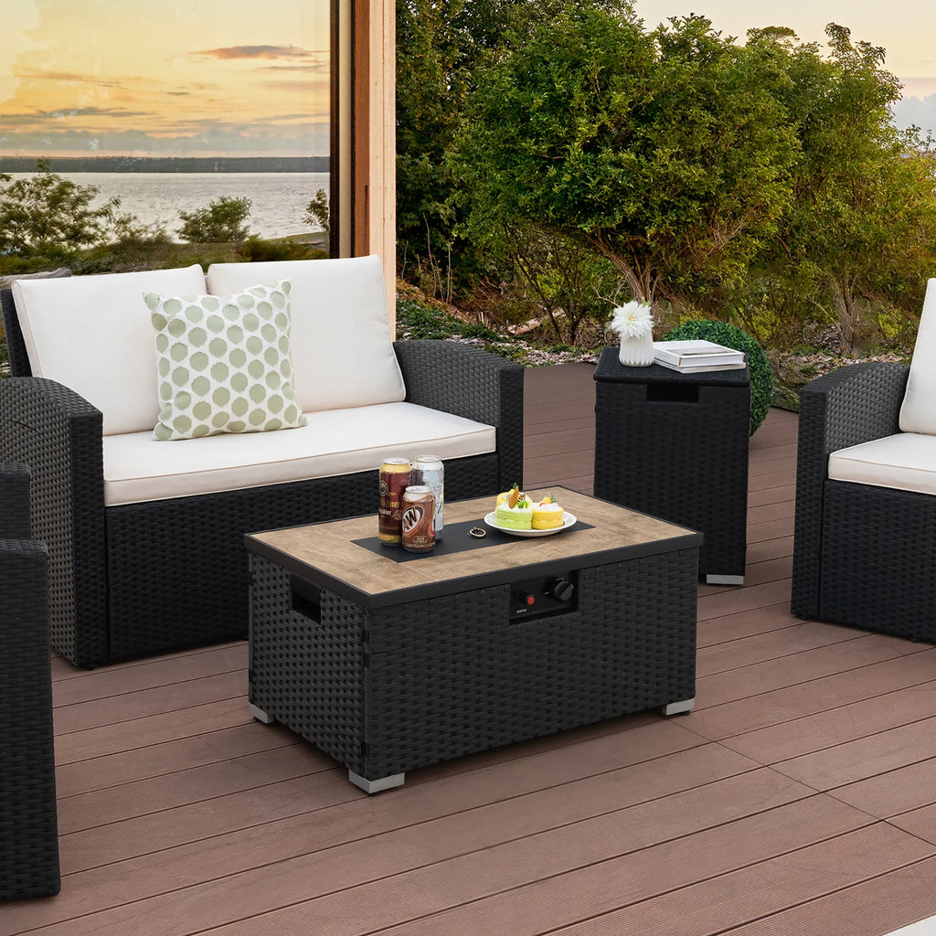 32''x 20'' Propane Rattan Fire Pit Table Set with Side Table and Cover 40,000 BTU M7004