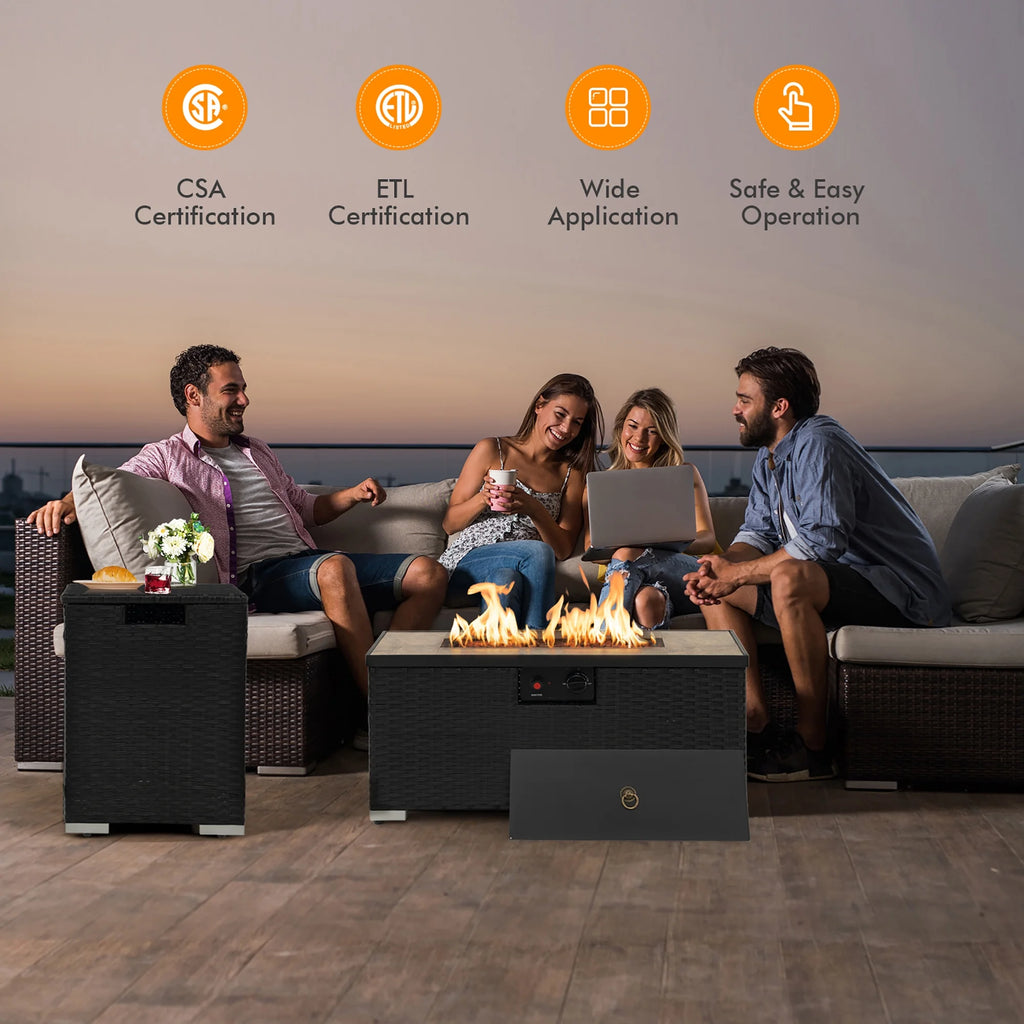32''x 20'' Propane Rattan Fire Pit Table Set with Side Table and Cover 40,000 BTU M7004