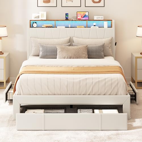 Beige Queen Size Storage Bed Frame with 4 Drawers F37202