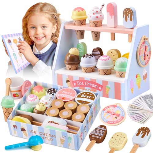 Wooden Ice Cream Toys Set Pretend Play Food Counter with Lucky Wheel, Scoop, Menu, Fake Money B161
