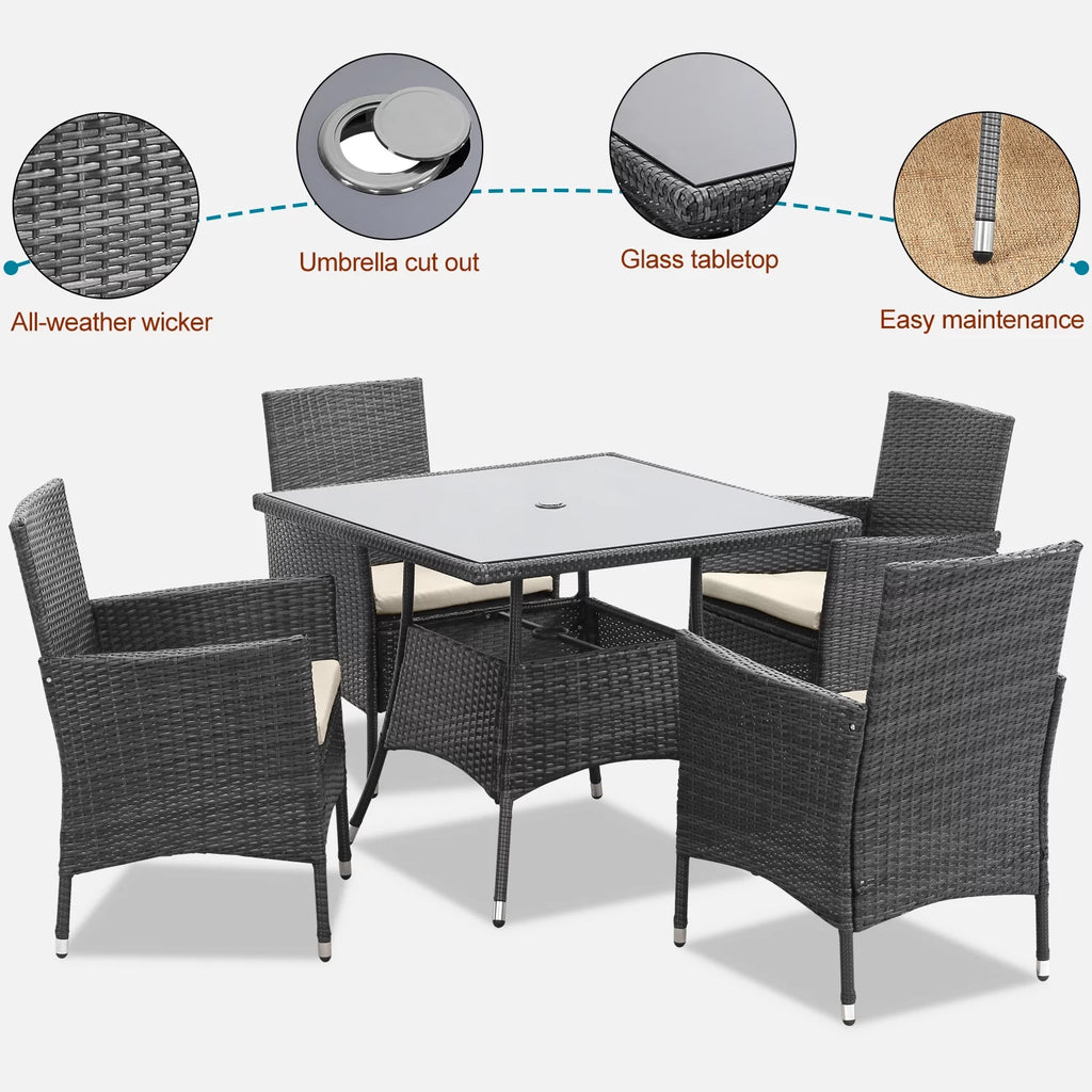 5 Pcs Grey Wicker Patio Dining Set with Umbrella Hole D609