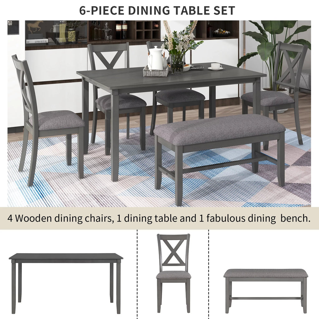 6-Piece Wooden Dining Table Set with 4 Chairs & Bench R177